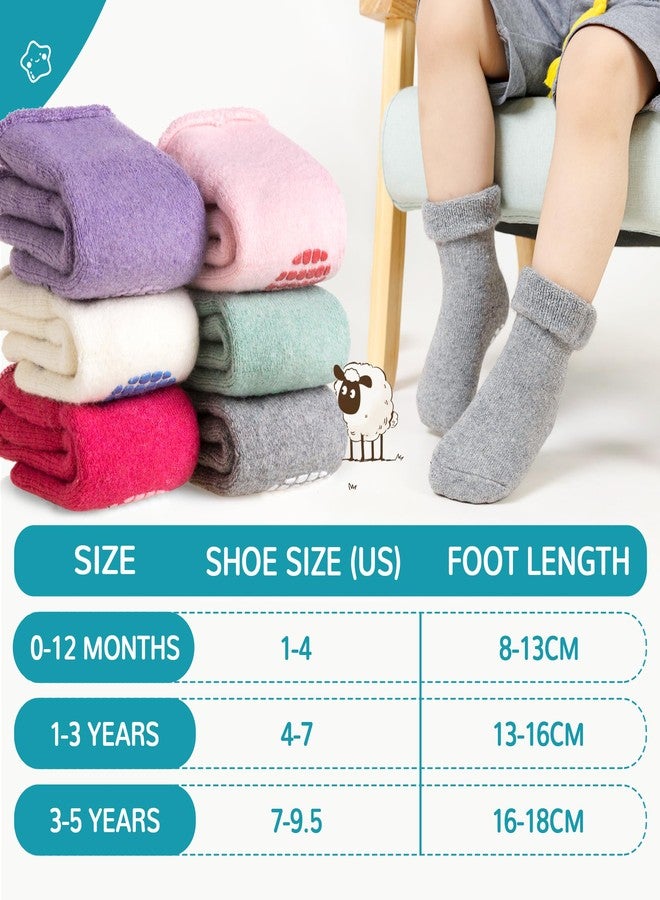 Eocom 6 Pairs Baby Boy Girl Non Slip Socks Child Toddler Winter Thick Soft Wool Kids Warm Socks with Grips(Grey/Rose Red/White/Purple/Light Green/Pink, 3-5T) - Image 5